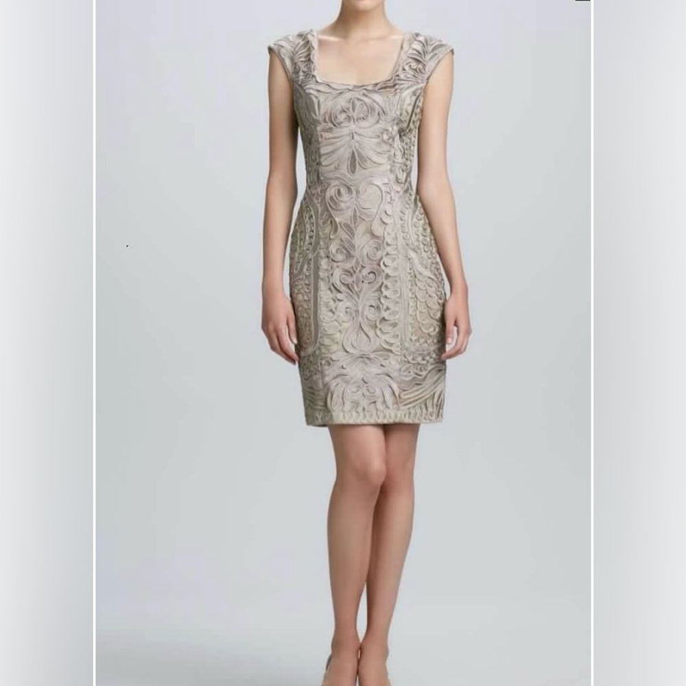 Sue Wong Fitted Embroidered Cap-Sleeve Taupe Cocktail Dress Size 2